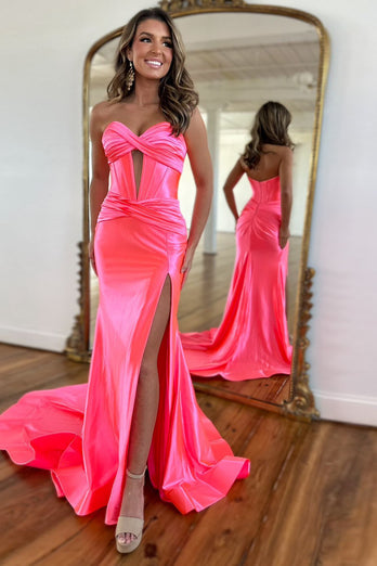 Coral Mermaid Strapless Satin Long Prom Dress with Slit