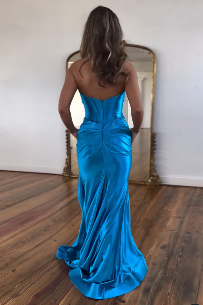 Load image into Gallery viewer, Coral Mermaid Strapless Satin Long Prom Dress with Slit