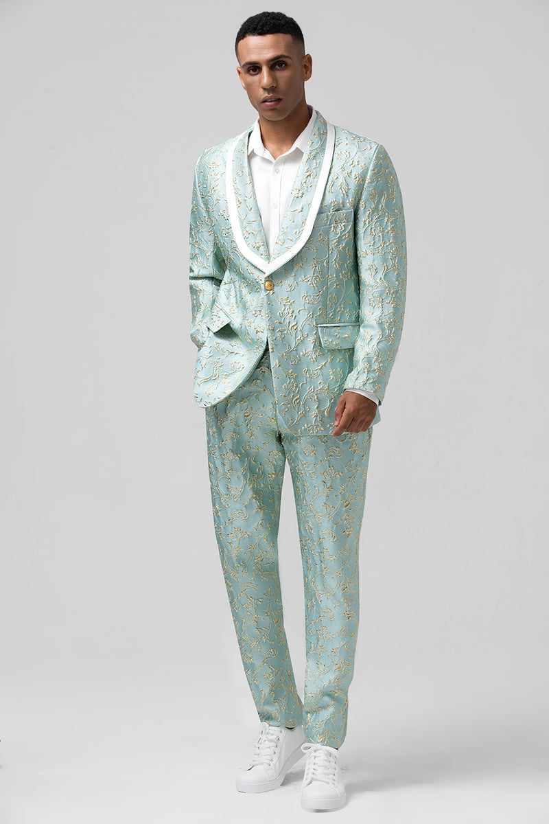 Load image into Gallery viewer, Mint Shawl Lapel Jacquard One Button 2 Piece Prom Suits