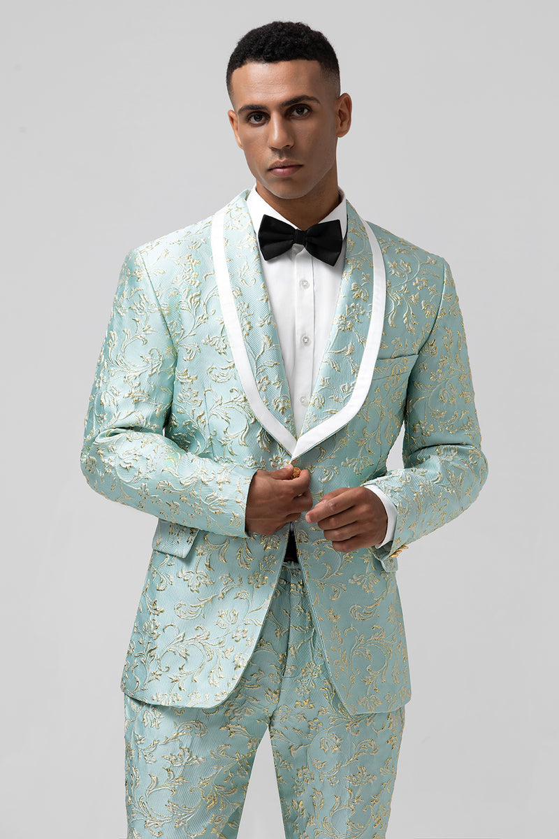 Load image into Gallery viewer, Mint Shawl Lapel Jacquard One Button 2 Piece Prom Suits