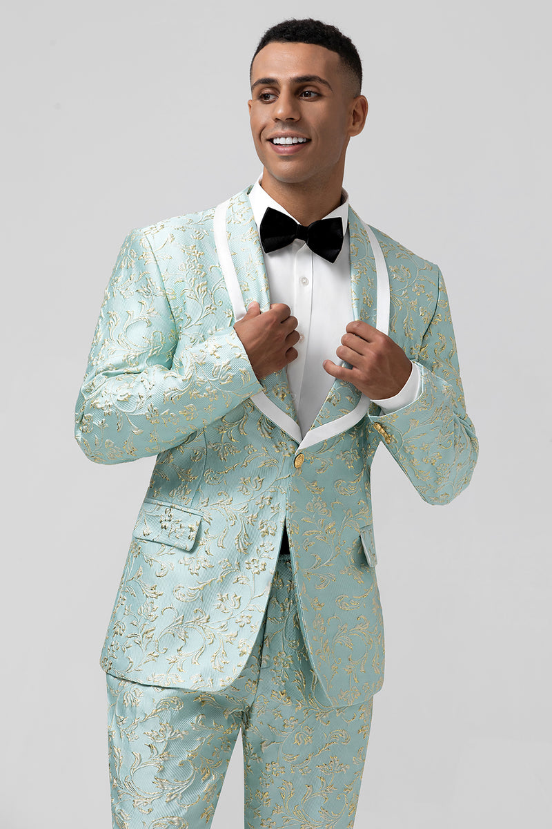 Load image into Gallery viewer, Mint Shawl Lapel Jacquard One Button 2 Piece Prom Suits