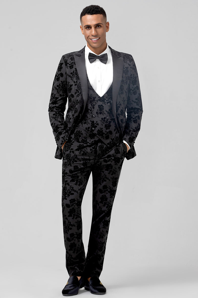 Load image into Gallery viewer, Peak Lapel Black Jacquard One Button 3 Piece Prom Suits