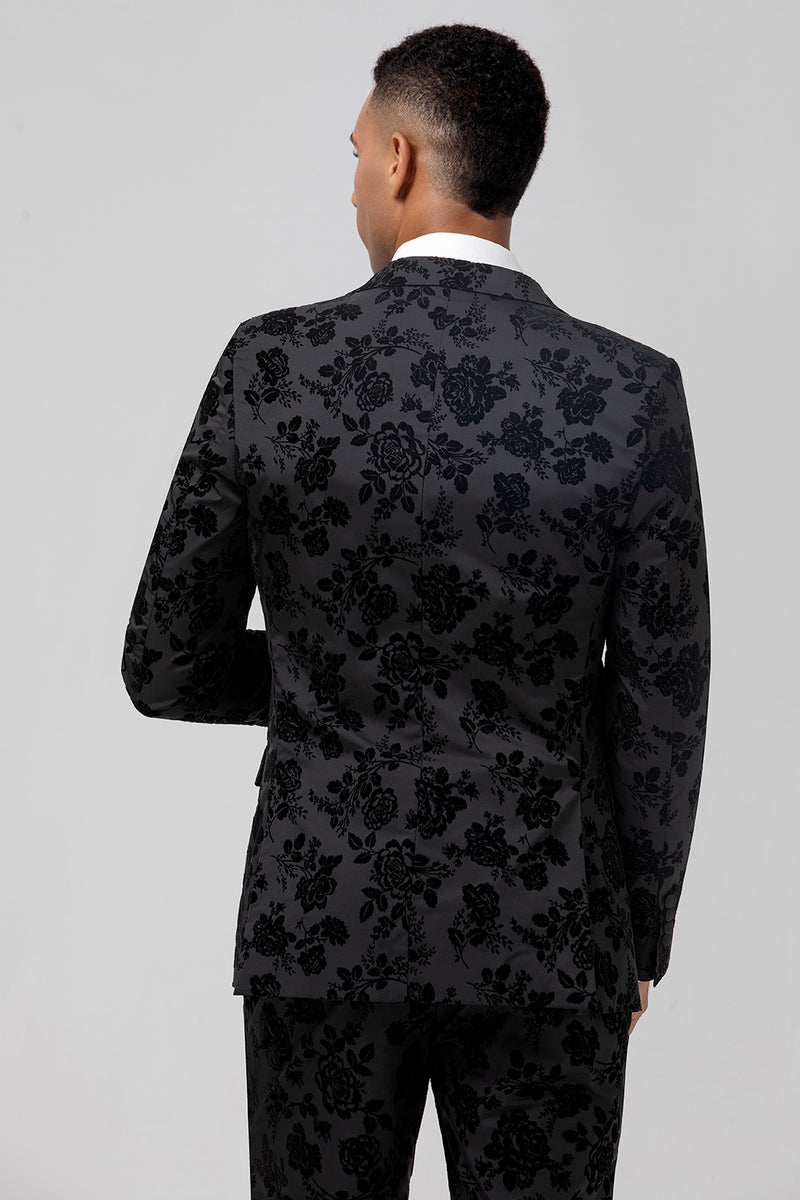 Load image into Gallery viewer, Peak Lapel Black Jacquard One Button 3 Piece Prom Suits