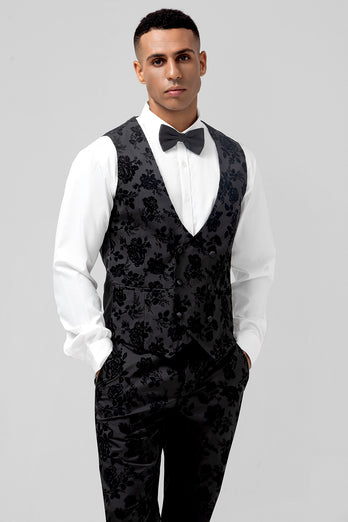 Peak Lapel Black Jacquard One Button 3 Piece Prom Suits