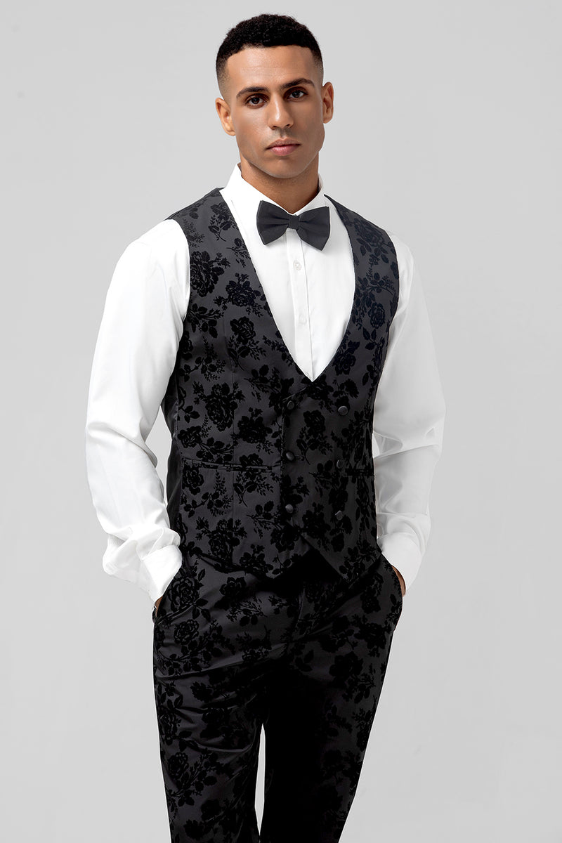 Load image into Gallery viewer, Peak Lapel Black Jacquard One Button 3 Piece Prom Suits