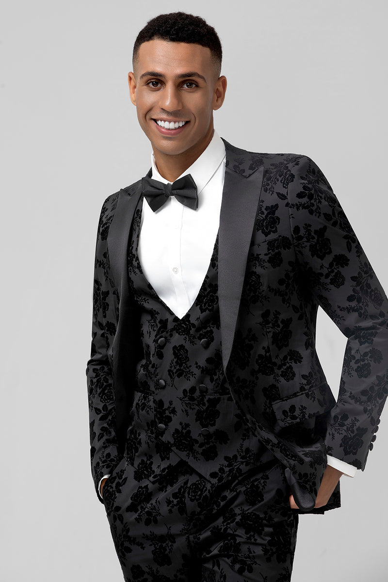 Load image into Gallery viewer, Peak Lapel Black Jacquard One Button 3 Piece Prom Suits