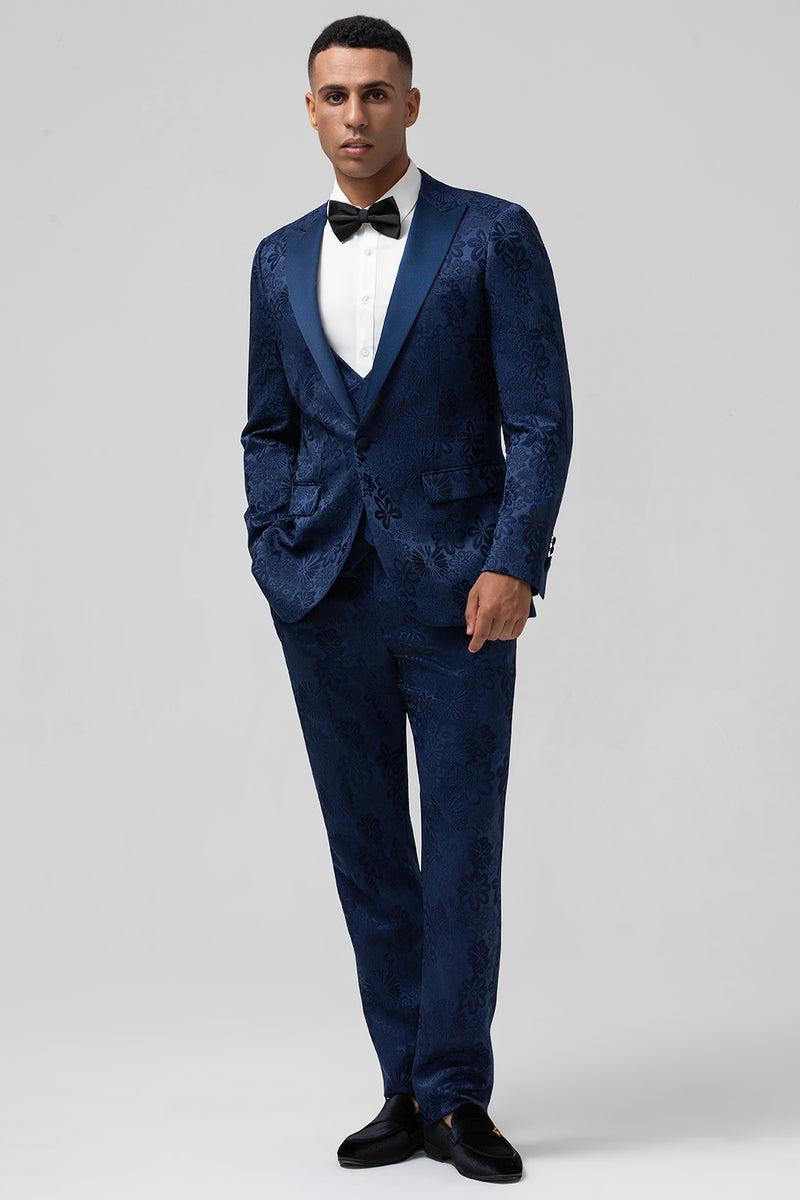 Load image into Gallery viewer, Black Peak Lapel Jacquard One Button 3 Piece Prom Suits