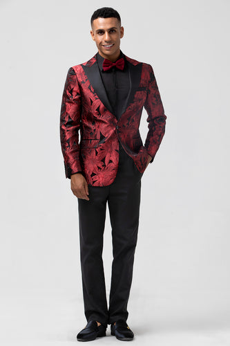 Burgundy Peak Lapel Jacquard One Button 2 Piece Prom Suits