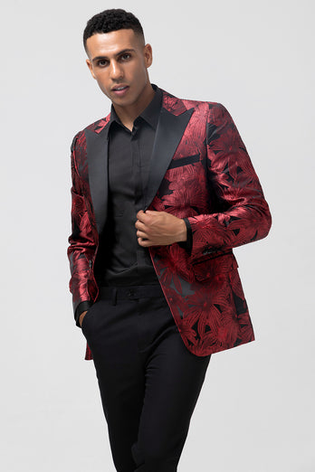 Burgundy Peak Lapel Jacquard One Button 2 Piece Prom Suits