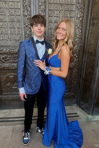 Shawl Lapel Royal Blue One Button Jacquard 2 Piece Prom Suits