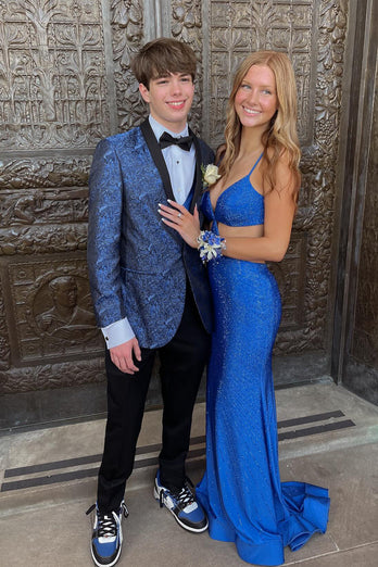 Shawl Lapel Royal Blue One Button Jacquard 2 Piece Prom Suits