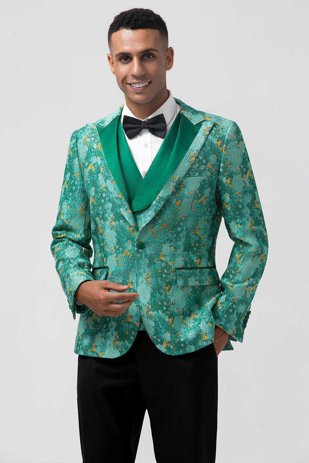 Peak Lapel Green One Button 3 Piece Jacquard Prom Suits