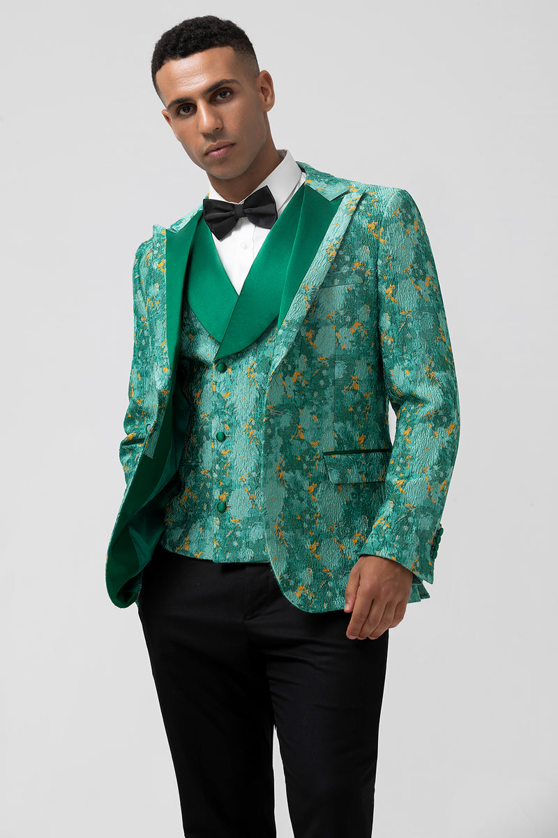 Load image into Gallery viewer, Peak Lapel Green One Button 3 Piece Jacquard Prom Suits