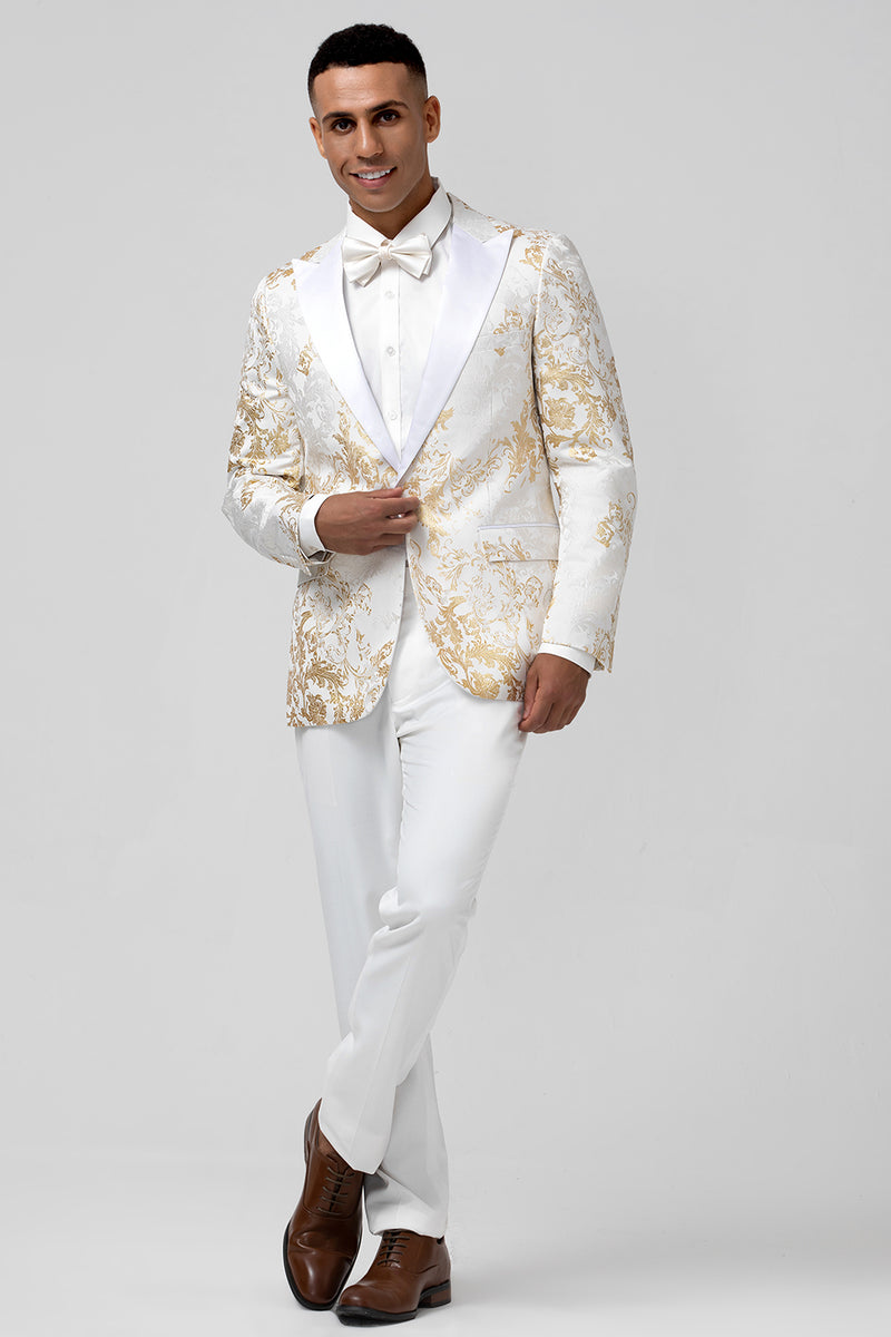 Load image into Gallery viewer, Champagne Peak Lapel One Button Jacquard 2 Piece Prom Suits