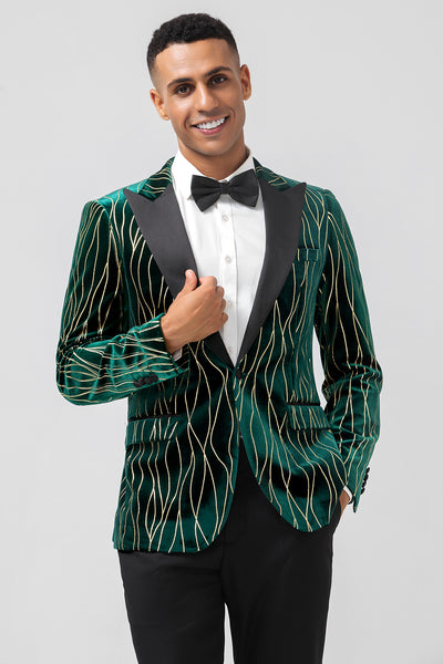 Peak Lapel Dark Green Jacquard One Button Prom Blazer