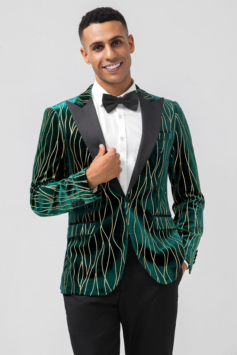 Load image into Gallery viewer, Peak Lapel Dark Green Jacquard One Button Prom Blazer