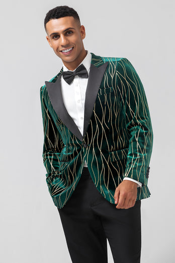 Peak Lapel Dark Green Jacquard One Button Prom Blazer