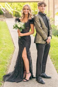 Golden Black Shawl Lapel 2 Piece Jacquard Homecoming Suits