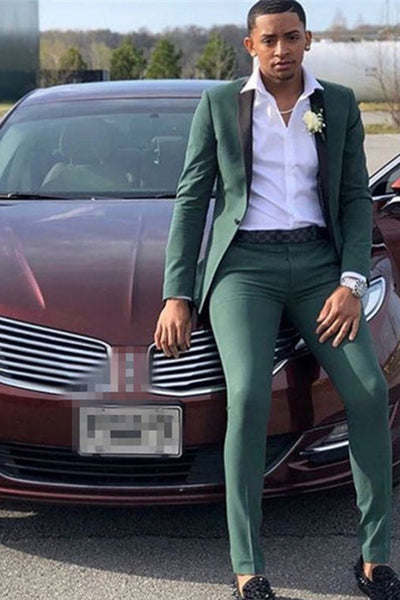Shawl Lapel Dark Green 2 Piece Prom Suits with One Button