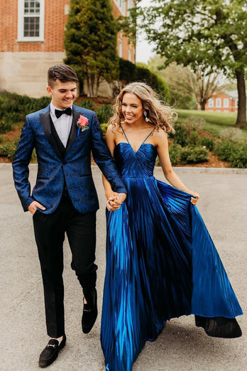 Dark Navy Peak Lapel One Button Jacquard 3 Piece Prom Suits