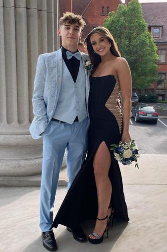 Light Blue Shawl Lapel Jacquard 3 Piece Prom Suits