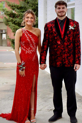 Sparkly Black Red Shawl Lapel Jacquard One Button 2 Piece Prom Suits