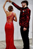 Load image into Gallery viewer, Sparkly Black Red Shawl Lapel Jacquard One Button 2 Piece Prom Suits