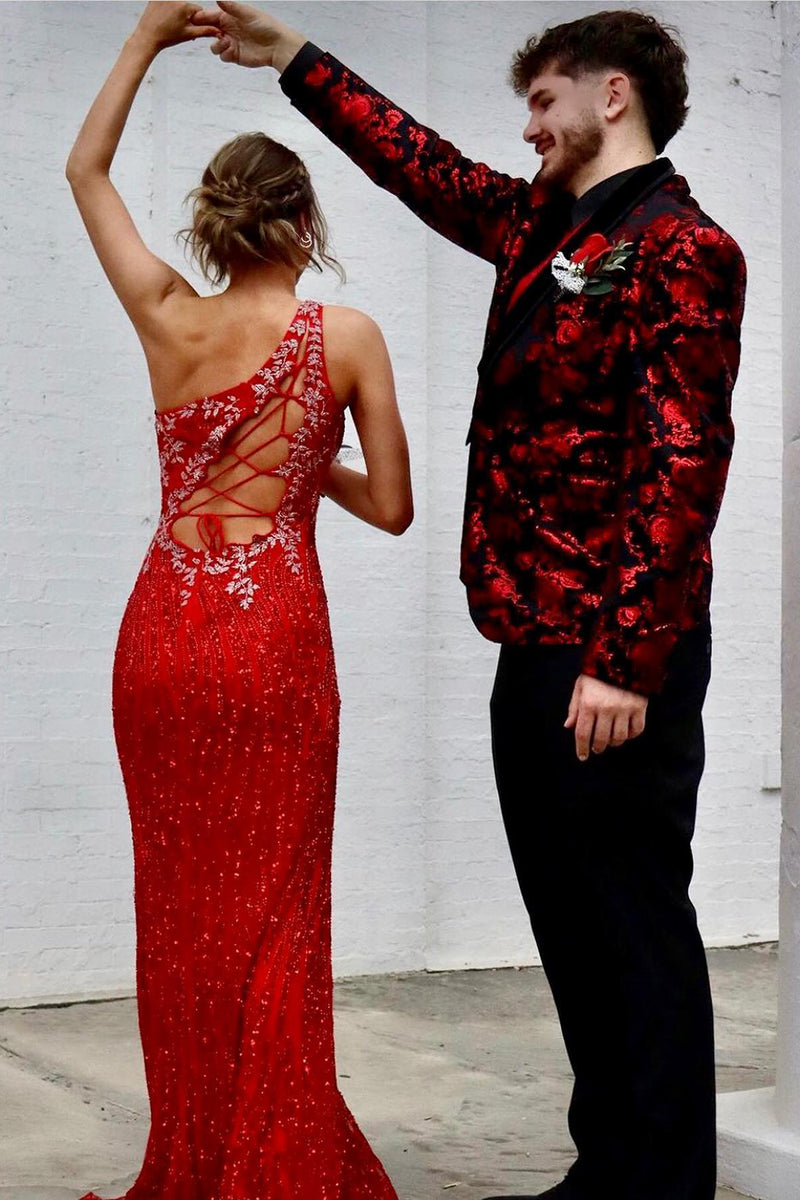 Load image into Gallery viewer, Sparkly Black Red Shawl Lapel Jacquard One Button 2 Piece Prom Suits