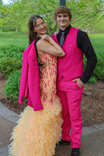 Shawl Lapel Hot Pink One Button 3 Piece Prom Suits