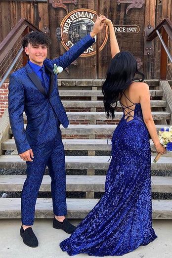 Royal Blue Peak Lapel Jacquard One Button 2 Piece Prom Suits