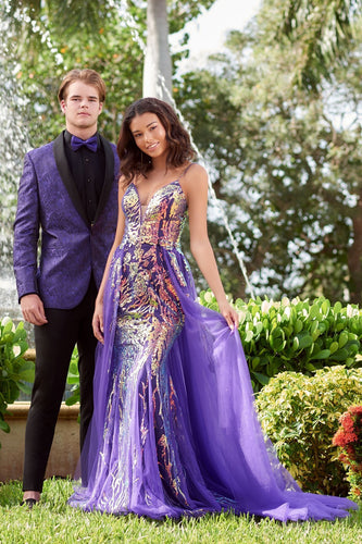 Purple Shawl Lapel Jacquard One Button 2 Piece Prom Suits