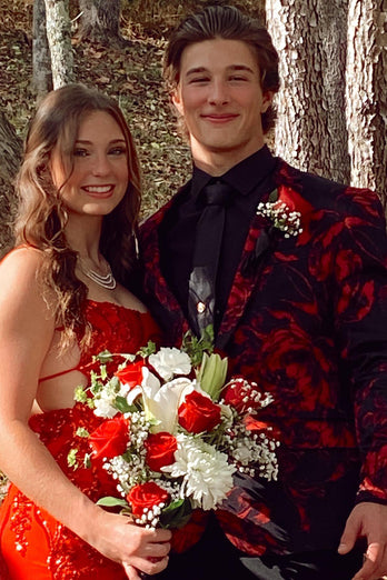 Burgundy Shawl Lapel Floral One Button 2 Piece Prom Suits