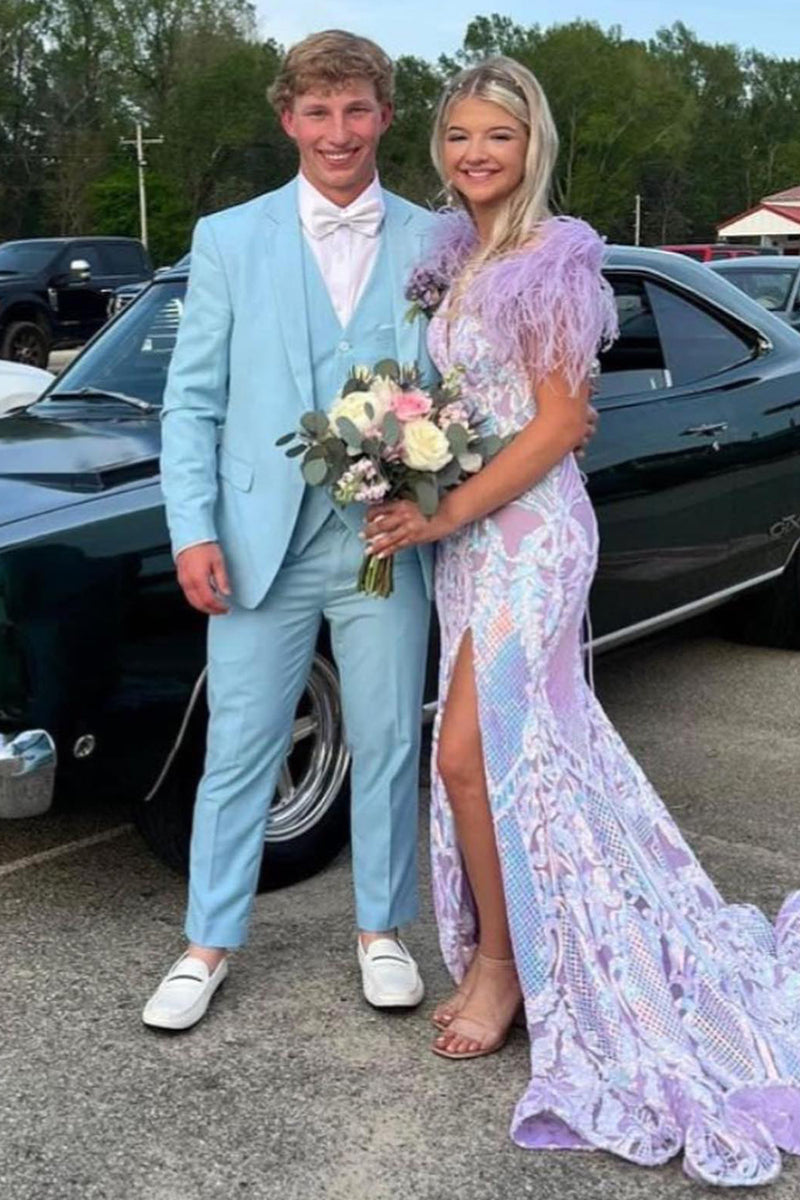 Load image into Gallery viewer, Notched Lapel Light Blue One Button 3 Piece Prom Suits