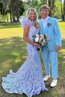 Notched Lapel Light Blue One Button 3 Piece Prom Suits