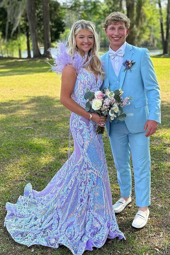 Notched Lapel Light Blue One Button 3 Piece Prom Suits