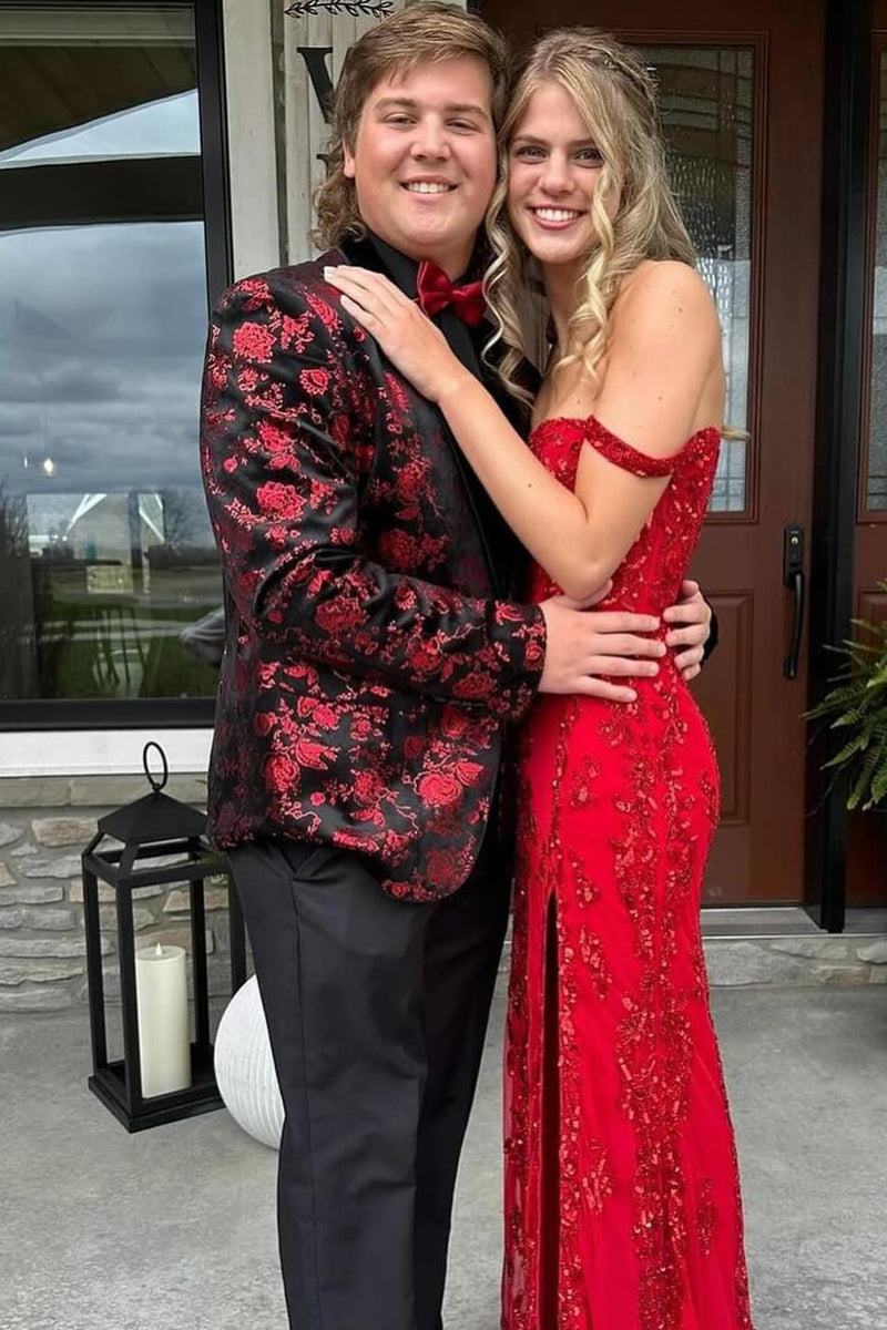 Load image into Gallery viewer, Black Red Shawl Lapel Floral Jacquard 2 Piece Prom Suits