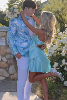 Sparkly Light Blue Shawl Lapel Floral One Button 2 Piece Prom Suits