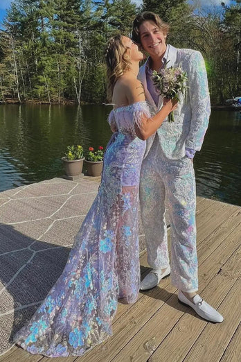 Sparkly White Shawl Lapel One Button 2 Piece Prom Suits