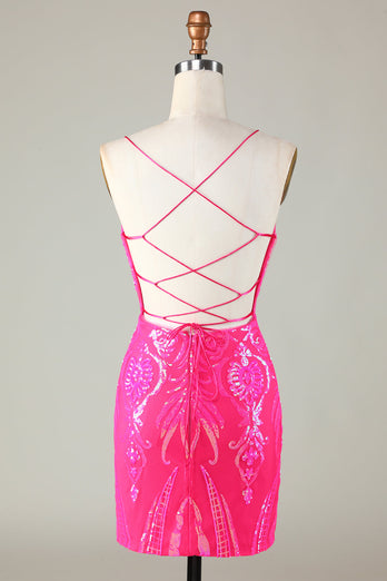 Fuchsia Spaghetti Straps Bodycon Homecoming Dress with Criss Cross Back