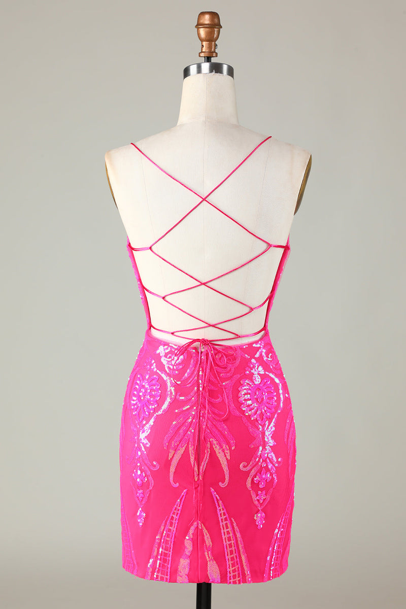 Load image into Gallery viewer, Hot Pink Spaghetti Straps Bodycon Homecoming Dress with Criss Cross Back