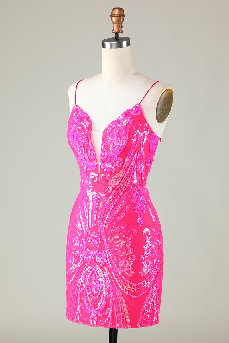 Load image into Gallery viewer, Hot Pink Spaghetti Straps Bodycon Homecoming Dress with Criss Cross Back