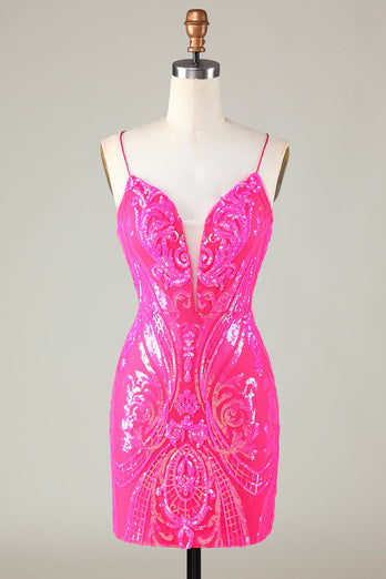 Hot Pink Spaghetti Straps Bodycon Homecoming Dress with Criss Cross Back