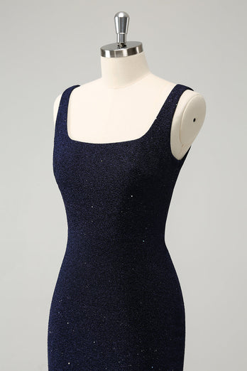 Dark Blue Square Neck Bodycon Mini Homecoming Dress with Slit