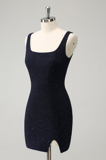 Dark Blue Square Neck Bodycon Mini Homecoming Dress with Slit