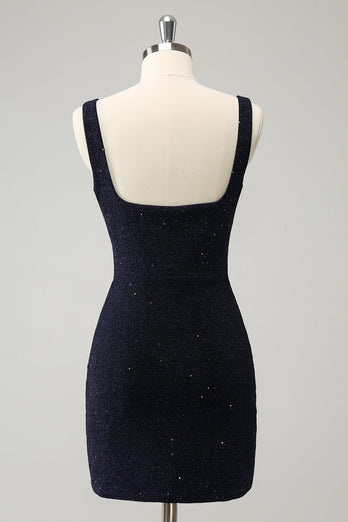 Square Neck Dark Blue Bodycon Short Homecoming Dress with Slit