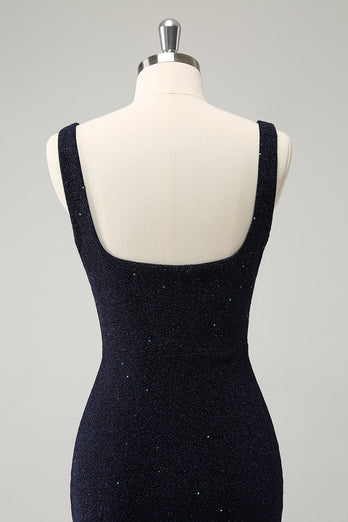 Dark Blue Square Neck Bodycon Mini Homecoming Dress with Slit