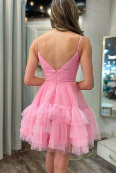 A Line Pink Spaghetti Straps Homecoming Dress with Ruffles
