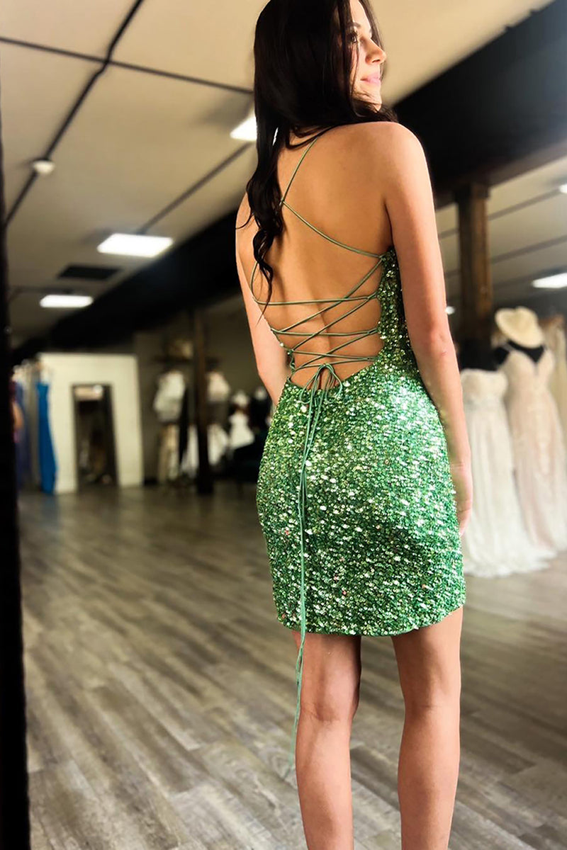 Load image into Gallery viewer, Sparkly Green Tight Sequins Short Homecoming Dress