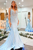 Load image into Gallery viewer, Mermaid Spaghetti Straps V Neck Light Blue Long Prom Dress with Appliques