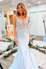 Load image into Gallery viewer, Mermaid Spaghetti Straps V Neck Light Blue Long Prom Dress with Appliques